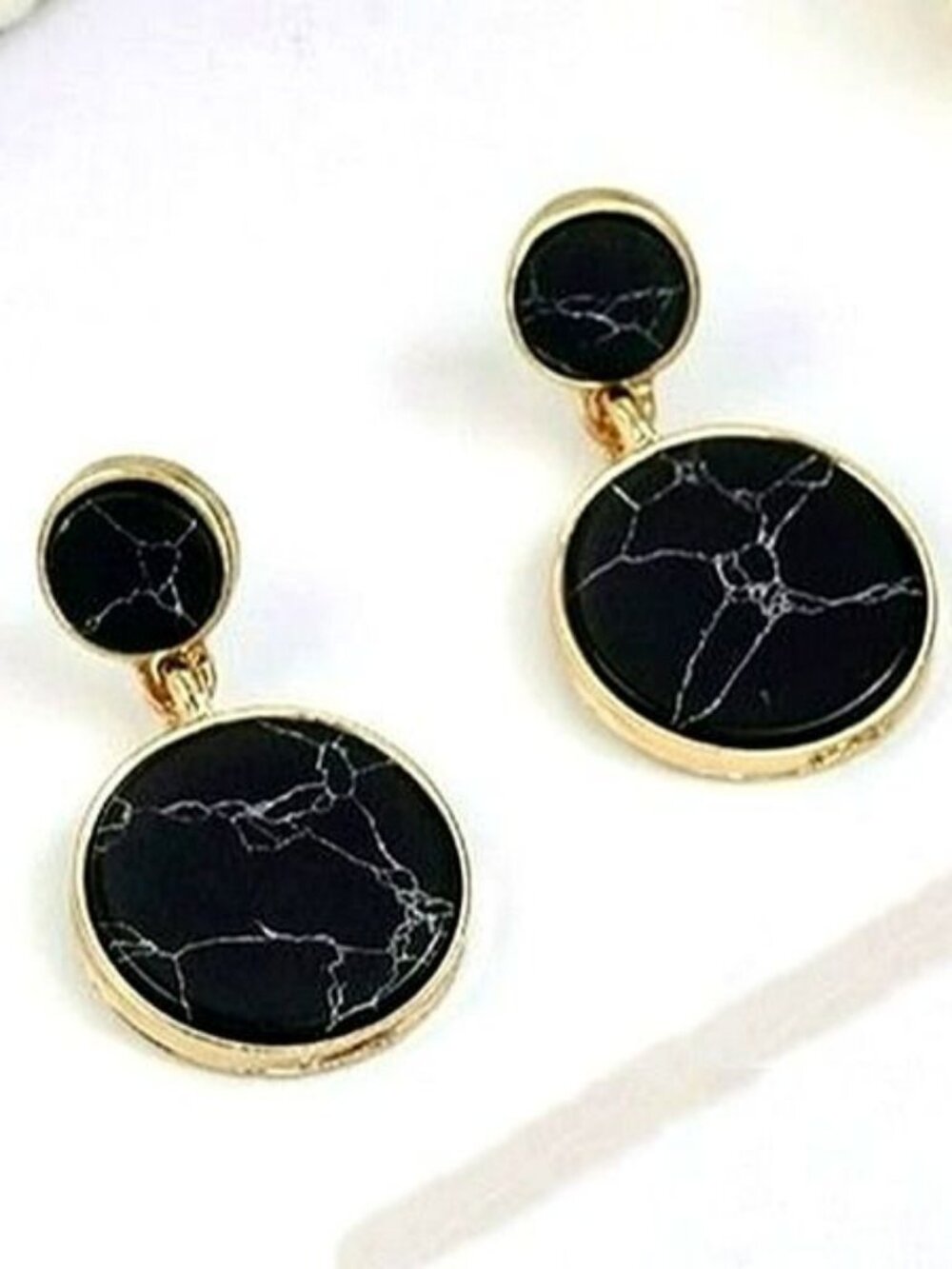 Aidan Esher Black Marbled Flat Circle Dangle Earrings Gift Packaged